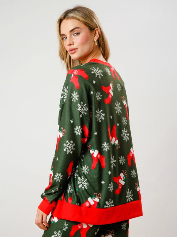 Christmas Print Buttoned Lounge Set – Long Sleeve Top & Knit Pants