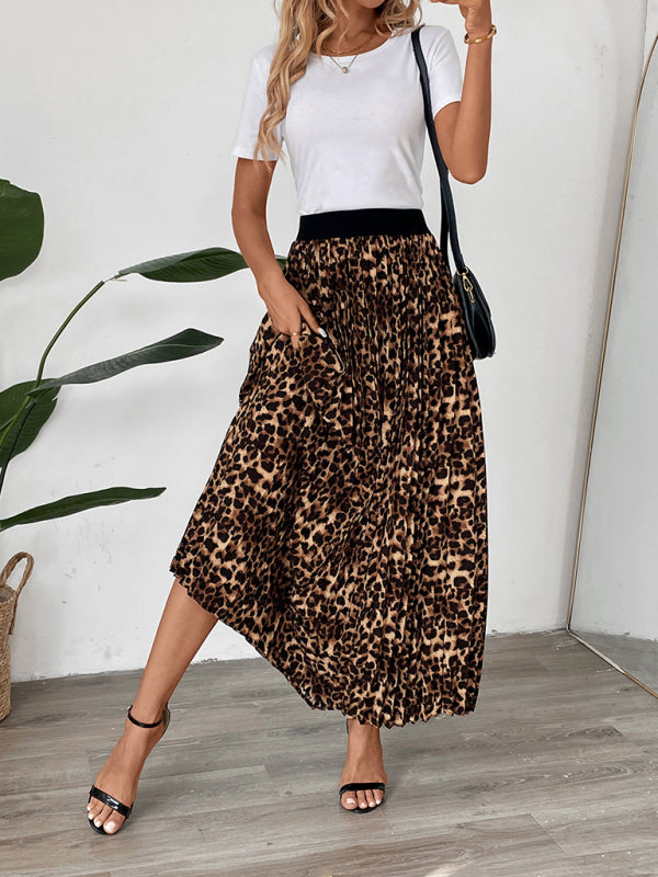Leopard Print Pleated Midi Skirt