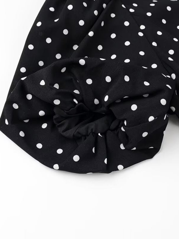 Romantic Black Polka Dot Bow Dress – Woven Midi with Self Design