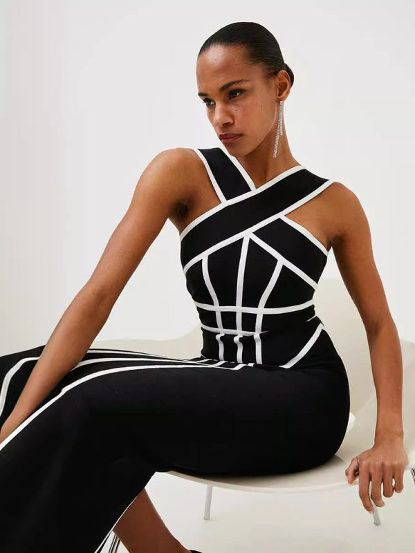 Halter Neck Black & White Geometric Bandage Dress – Retro Slim Fit Knit