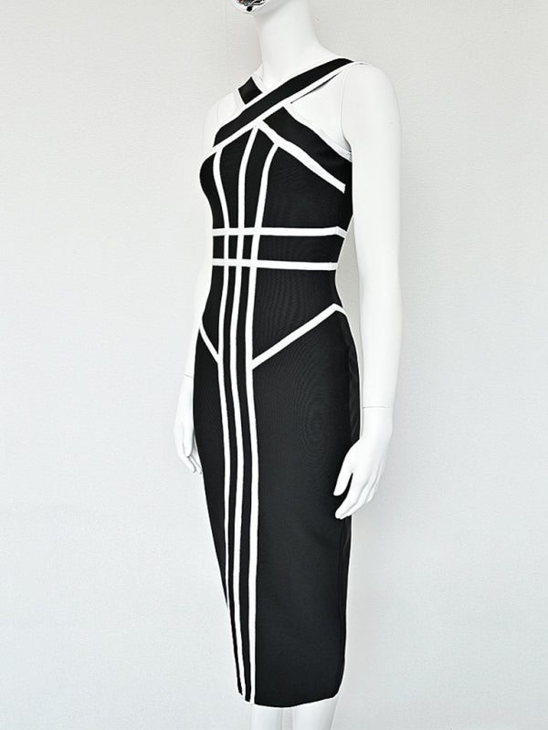 Halter Neck Black & White Geometric Bandage Dress – Retro Slim Fit Knit