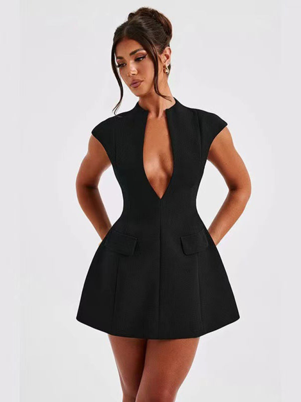 Solid Color Sleeveless V-Neck Mini Dress – High Waist, Sexy & Chic Fit