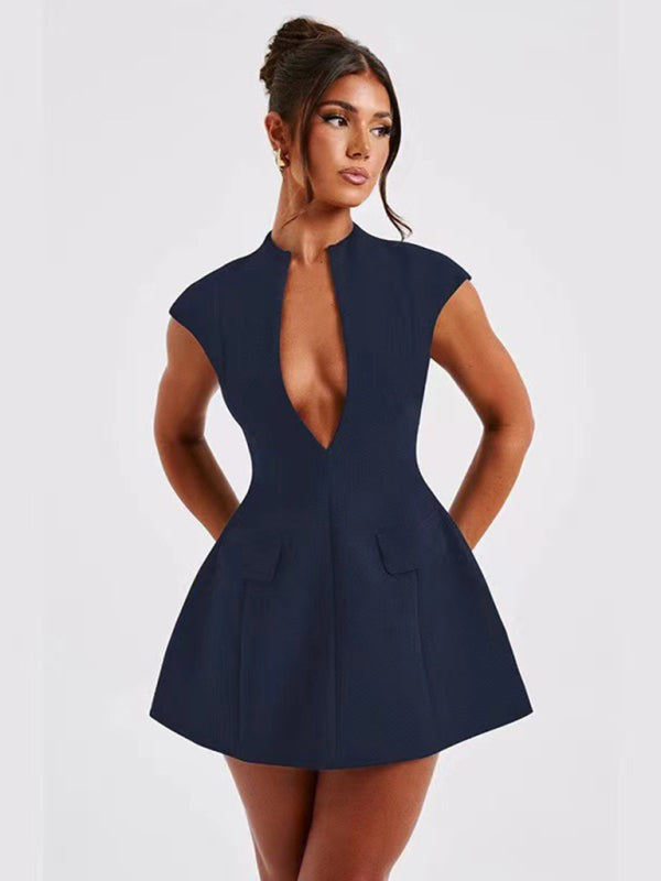 Solid Color Sleeveless V-Neck Mini Dress – High Waist, Sexy & Chic Fit