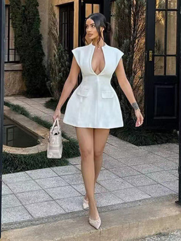 Solid Color Sleeveless V-Neck Mini Dress – High Waist, Sexy & Chic Fit