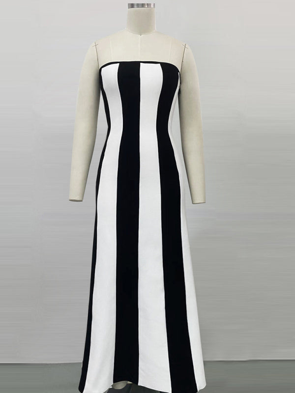 Strapless Black & White Striped Party Dress