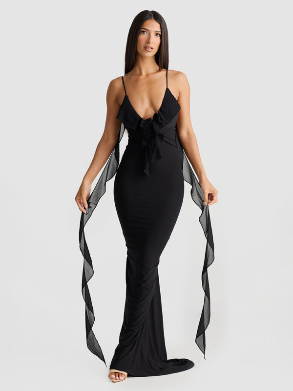 Backless V-Neck Fishtail Evening Dress Black