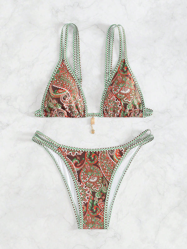 Paisley Print Strappy Bikini Set – Vacation Style Swimwear
