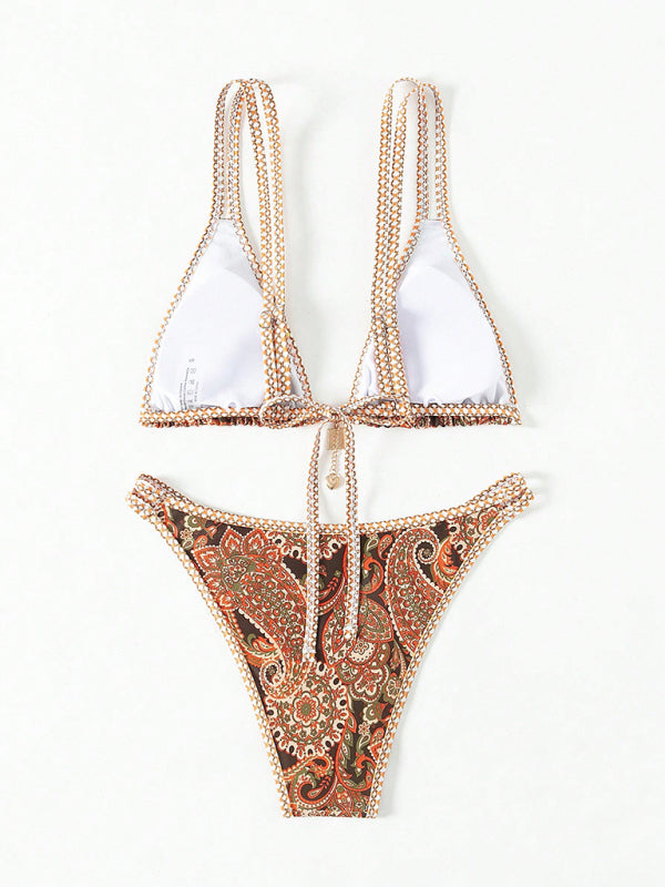 Paisley Print Strappy Bikini Set – Vacation Style Swimwear