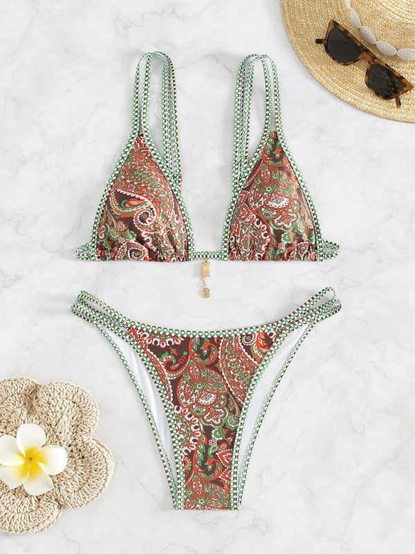Paisley Print Strappy Bikini Set – Vacation Style Swimwear