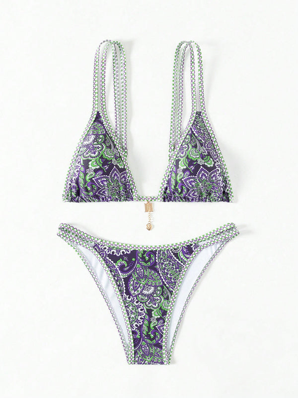 Paisley Print Strappy Bikini Set – Vacation Style Swimwear