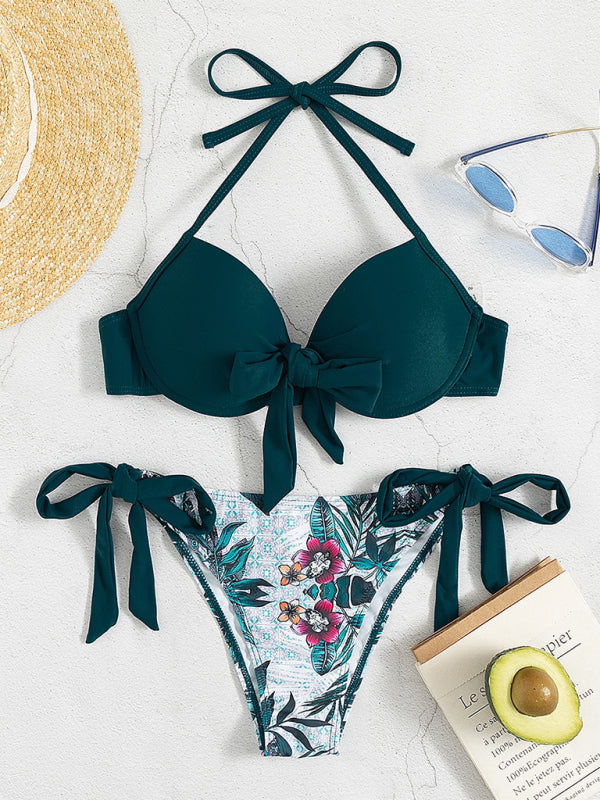 Two-Tone Floral Bikini Set – Moderate Stretch, Vacation-Ready Fit
