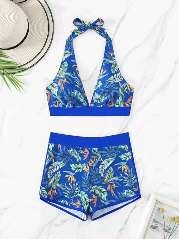 Floral Spliced High-Waisted Bikini – Halter Neck, Back Tie & Split Detail