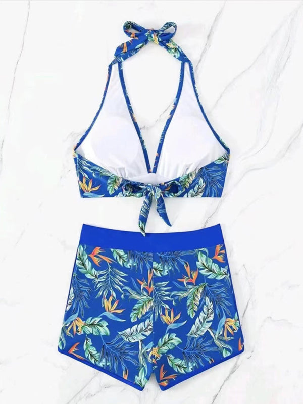 Floral Spliced High-Waisted Bikini – Halter Neck, Back Tie & Split Detail