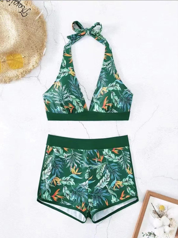Floral Spliced High-Waisted Bikini – Halter Neck, Back Tie & Split Detail