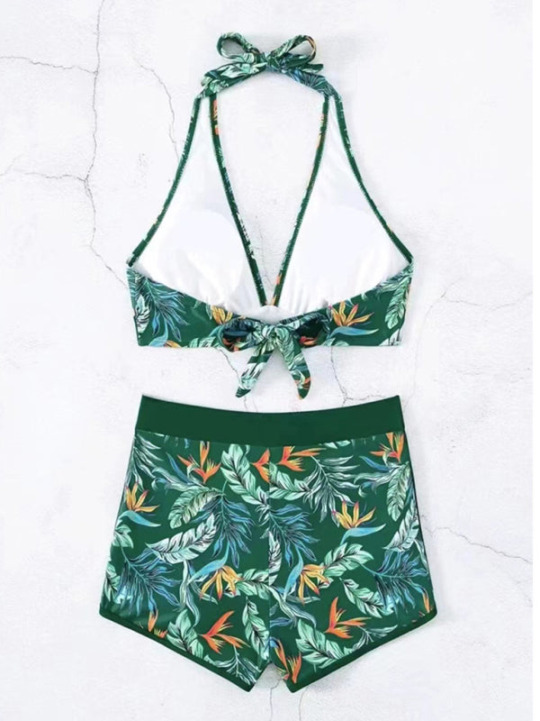 Floral Spliced High-Waisted Bikini – Halter Neck, Back Tie & Split Detail