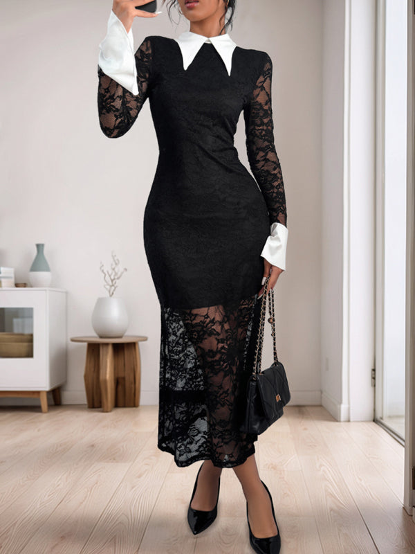 Black & White Lace Stitch Contrast Midi Dress – Slim Fit Knit Elegance