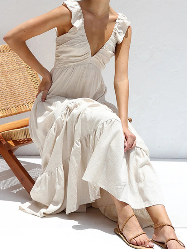 V-Neck Cotton Sleeveless Beach Dress – Graceful Fit for Holidays