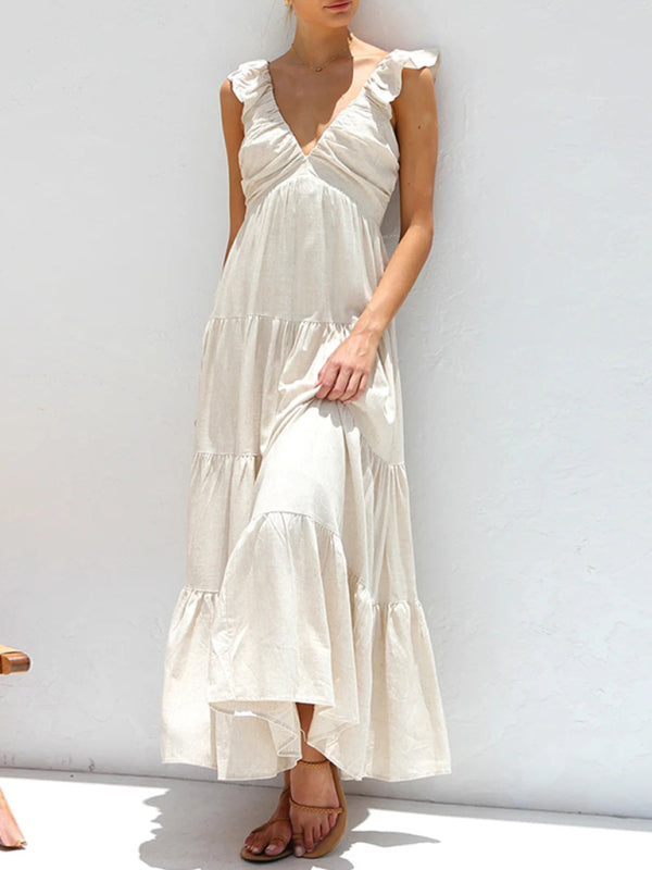 V-Neck Cotton Sleeveless Beach Dress – Graceful Fit for Holidays