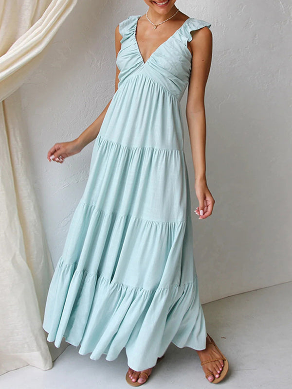 V-Neck Cotton Sleeveless Beach Dress – Graceful Fit for Holidays