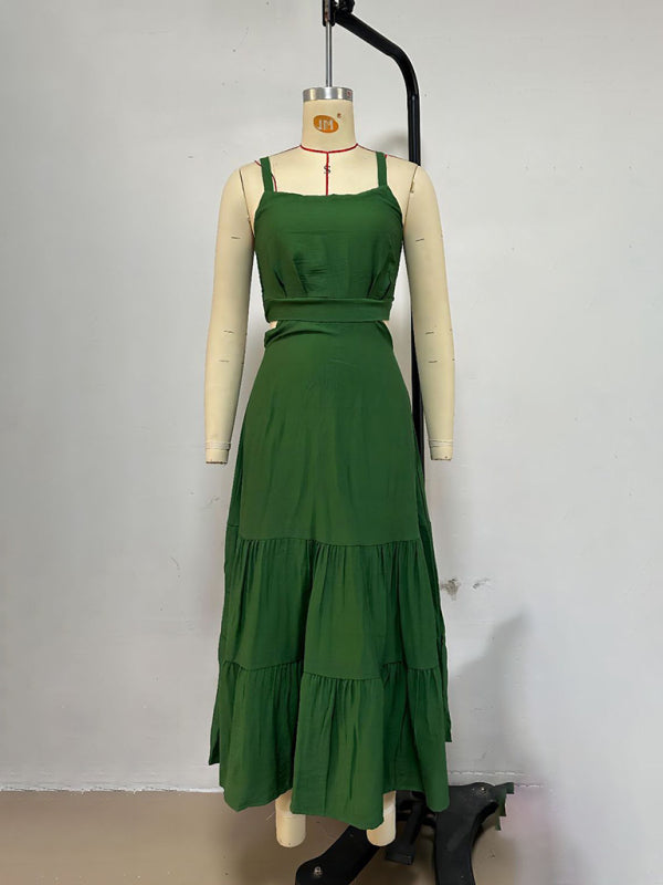Solid Color Suspender Midi Dress – Chic Woven Polyester for Spring & Summer