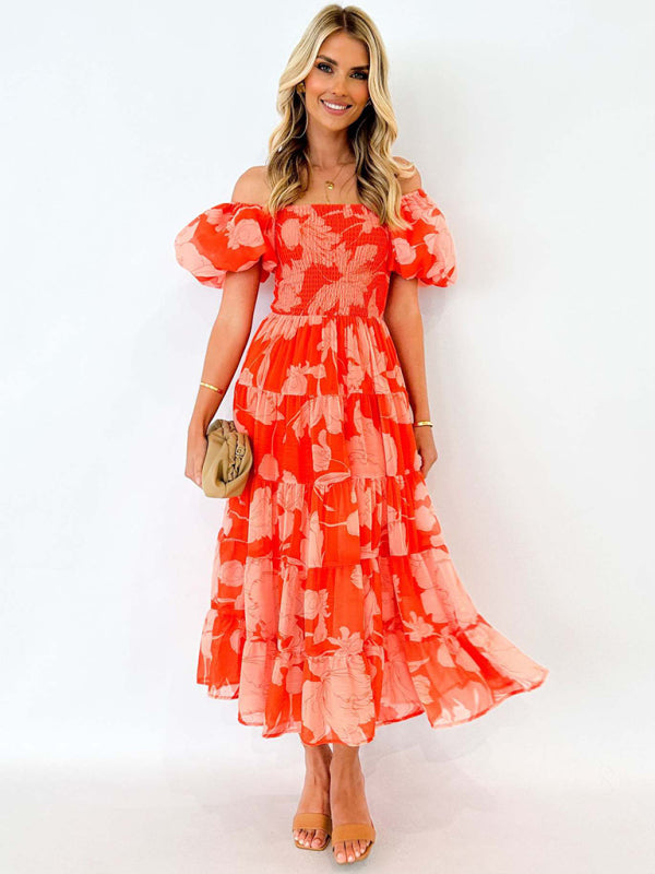 Chiffon One-Shoulder Printed Midi Dress – Puff Sleeve & Layered Waist Orange Red