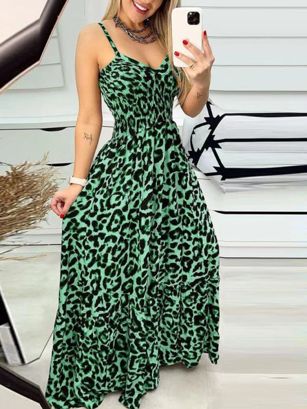 Leopard Print V-Neck Maxi Dress – Flowy Fit, Spring-Summer Style Green