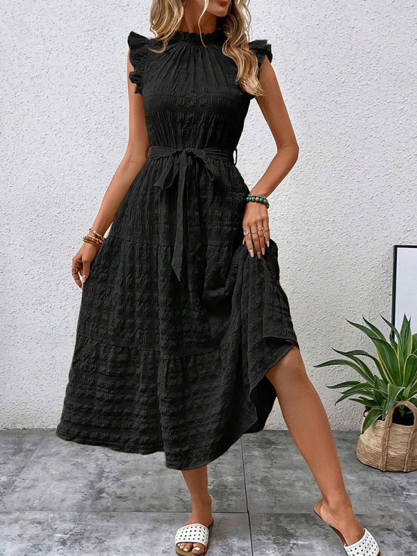Textured Midi Dress with Ruffled Sleeves and Lace-Up Waist – Spring Summer Style