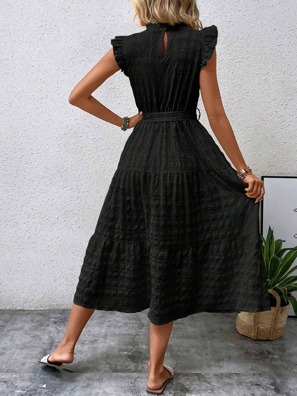 Textured Midi Dress with Ruffled Sleeves and Lace-Up Waist – Spring Summer Style