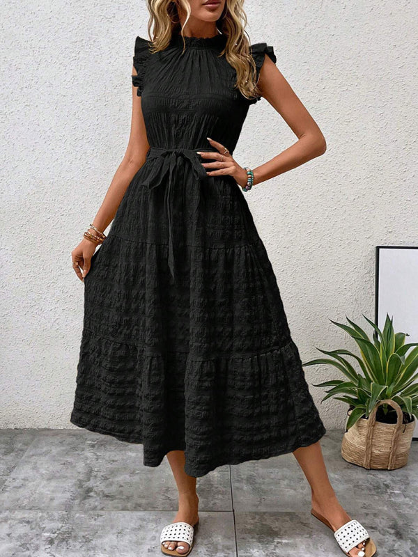 Textured Midi Dress with Ruffled Sleeves and Lace-Up Waist – Spring Summer Style