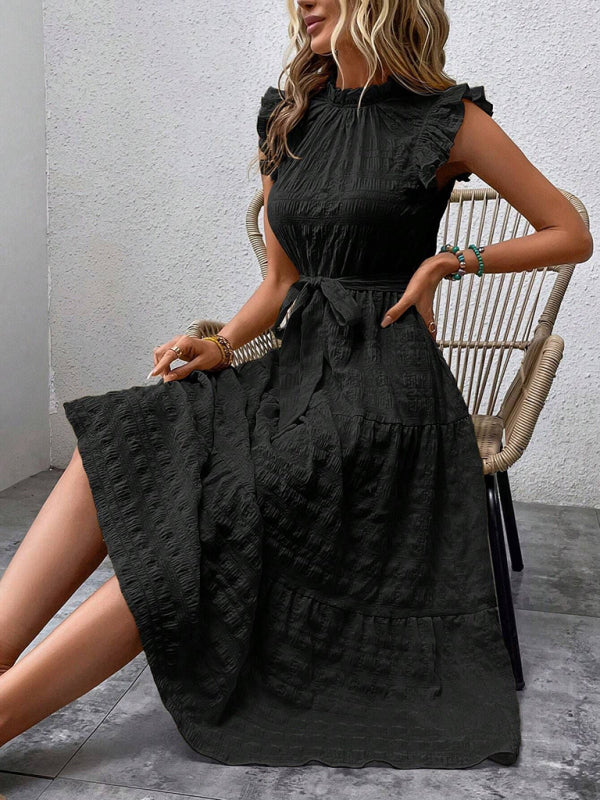 Textured Midi Dress with Ruffled Sleeves and Lace-Up Waist – Spring Summer Style