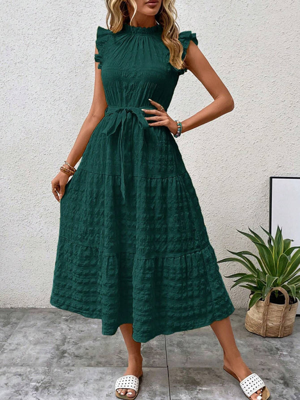 Textured Midi Dress with Ruffled Sleeves and Lace-Up Waist – Spring Summer Style