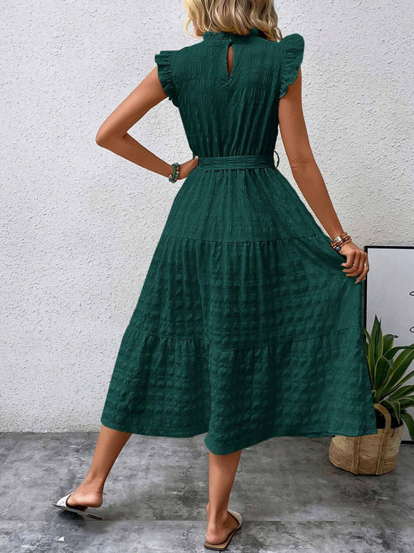 Textured Midi Dress with Ruffled Sleeves and Lace-Up Waist – Spring Summer Style