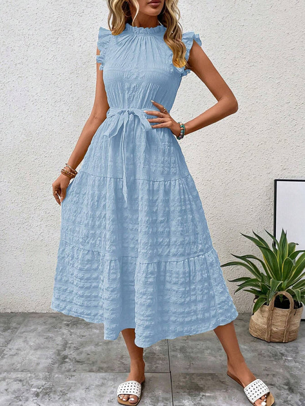 Textured Midi Dress with Ruffled Sleeves and Lace-Up Waist – Spring Summer Style