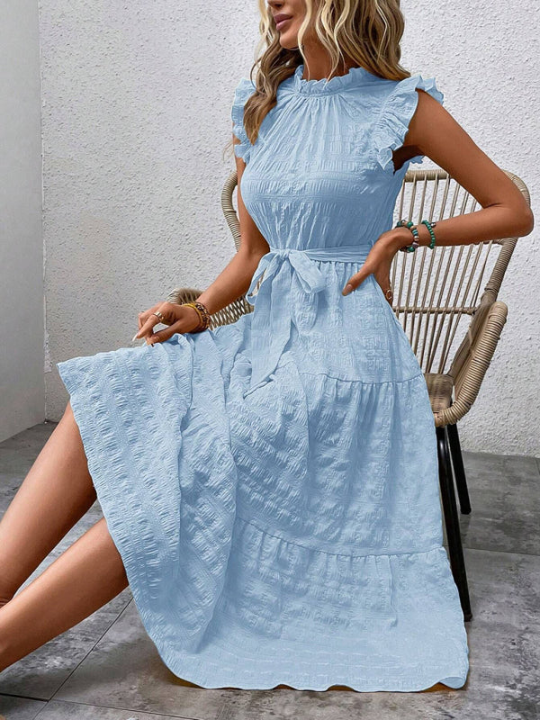 Textured Midi Dress with Ruffled Sleeves and Lace-Up Waist – Spring Summer Style