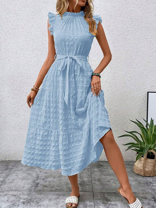 Textured Midi Dress with Ruffled Sleeves and Lace-Up Waist – Spring Summer Style