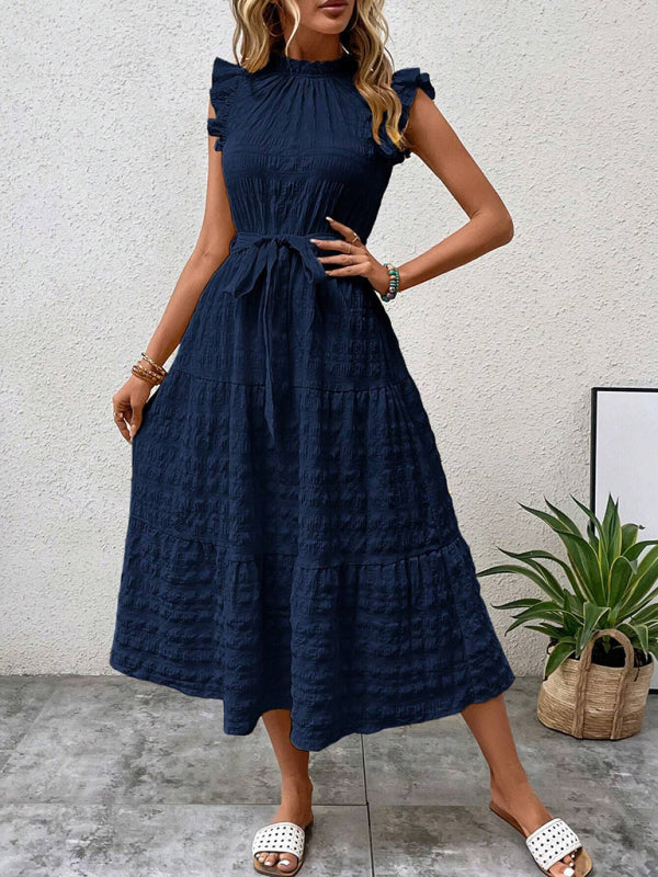 Textured Midi Dress with Ruffled Sleeves and Lace-Up Waist – Spring Summer Style