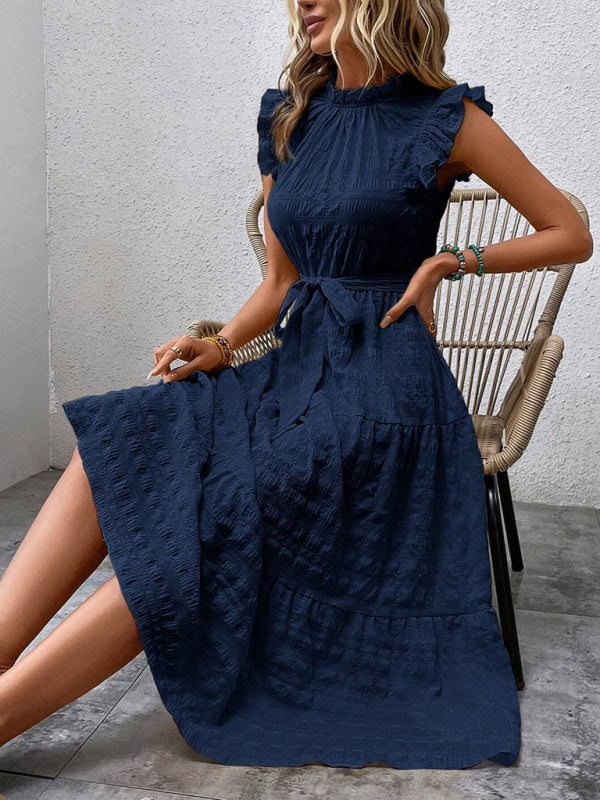 Textured Midi Dress with Ruffled Sleeves and Lace-Up Waist – Spring Summer Style