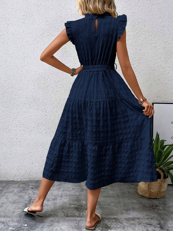 Textured Midi Dress with Ruffled Sleeves and Lace-Up Waist – Spring Summer Style