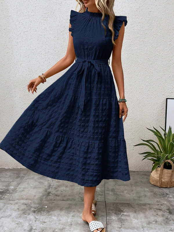 Textured Midi Dress with Ruffled Sleeves and Lace-Up Waist – Spring Summer Style