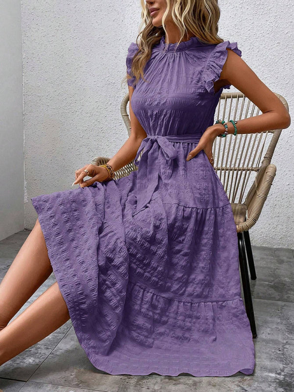 Textured Midi Dress with Ruffled Sleeves and Lace-Up Waist – Spring Summer Style