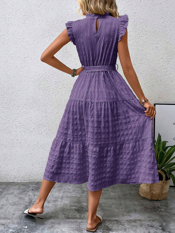 Textured Midi Dress with Ruffled Sleeves and Lace-Up Waist – Spring Summer Style