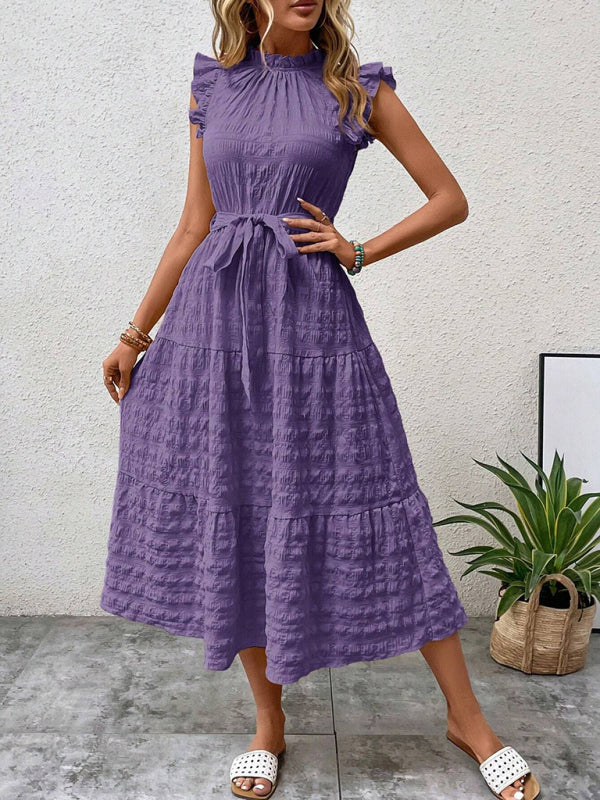 Textured Midi Dress with Ruffled Sleeves and Lace-Up Waist – Spring Summer Style