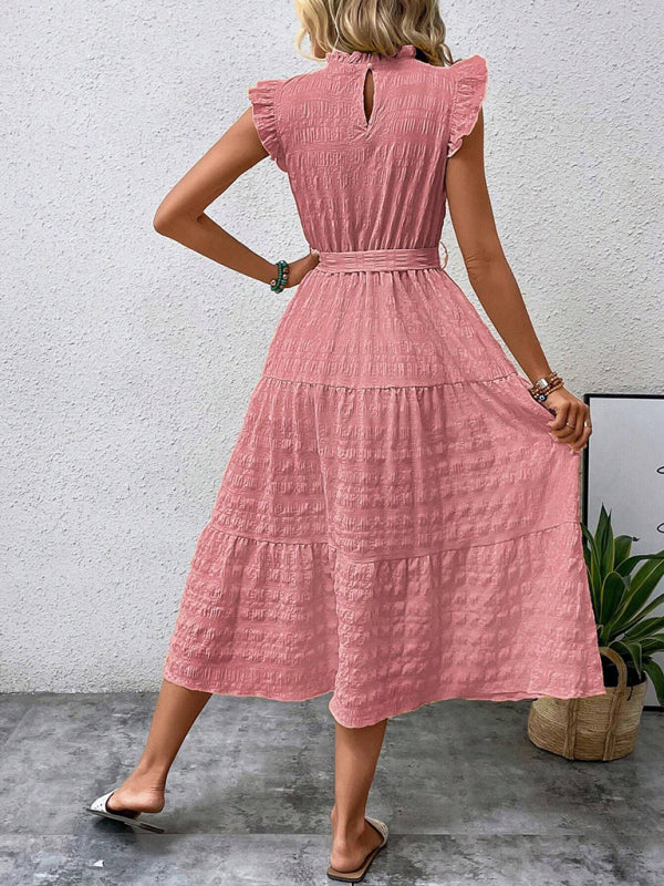 Textured Midi Dress with Ruffled Sleeves and Lace-Up Waist – Spring Summer Style