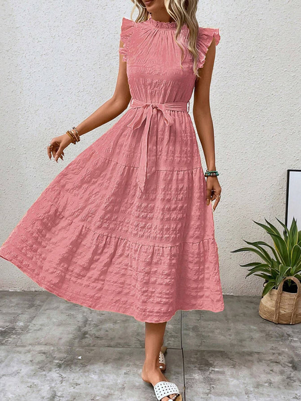 Textured Midi Dress with Ruffled Sleeves and Lace-Up Waist – Spring Summer Style