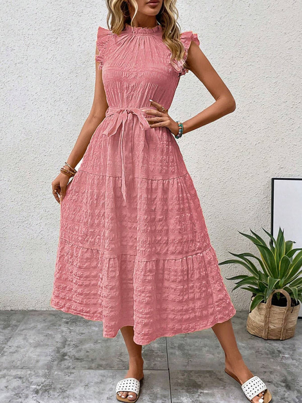 Textured Midi Dress with Ruffled Sleeves and Lace-Up Waist – Spring Summer Style
