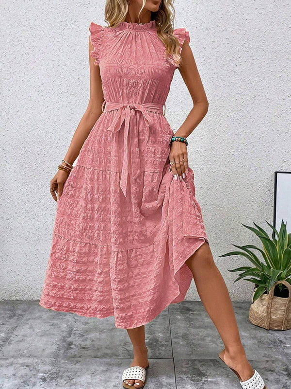 Textured Midi Dress with Ruffled Sleeves and Lace-Up Waist – Spring Summer Style