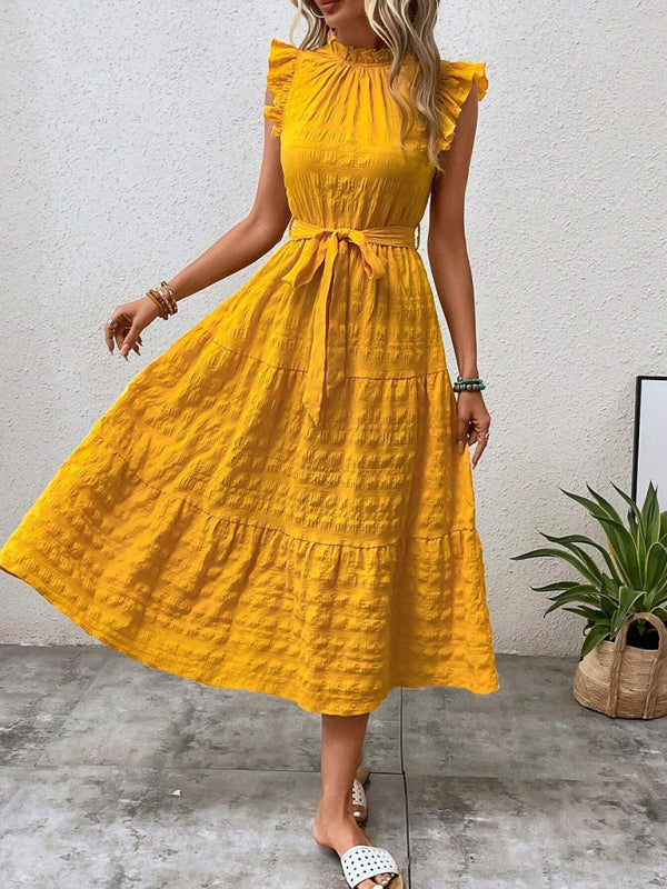 Textured Midi Dress with Ruffled Sleeves and Lace-Up Waist – Spring Summer Style