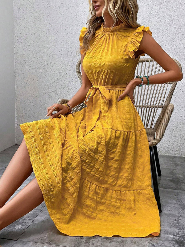 Textured Midi Dress with Ruffled Sleeves and Lace-Up Waist – Spring Summer Style