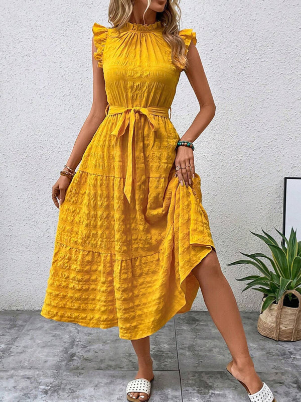 Textured Midi Dress with Ruffled Sleeves and Lace-Up Waist – Spring Summer Style