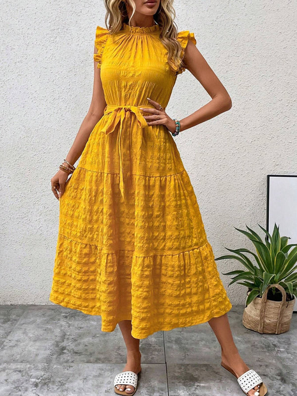 Textured Midi Dress with Ruffled Sleeves and Lace-Up Waist – Spring Summer Style